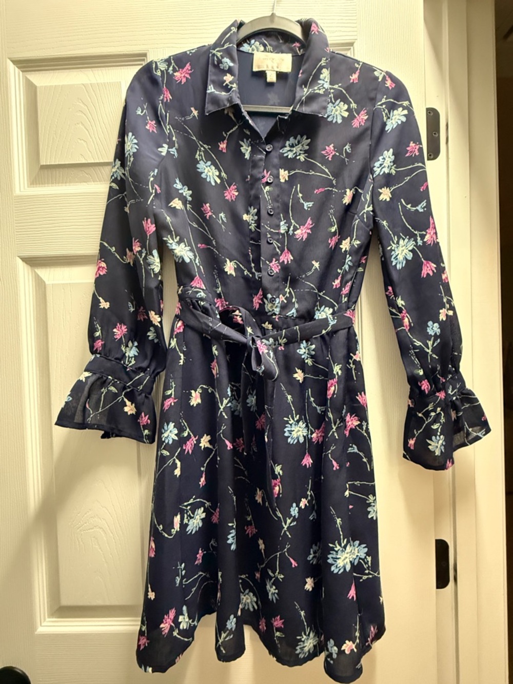 Skies Are Blue Navy Floral Midi Shirt Dress with Tie Waist